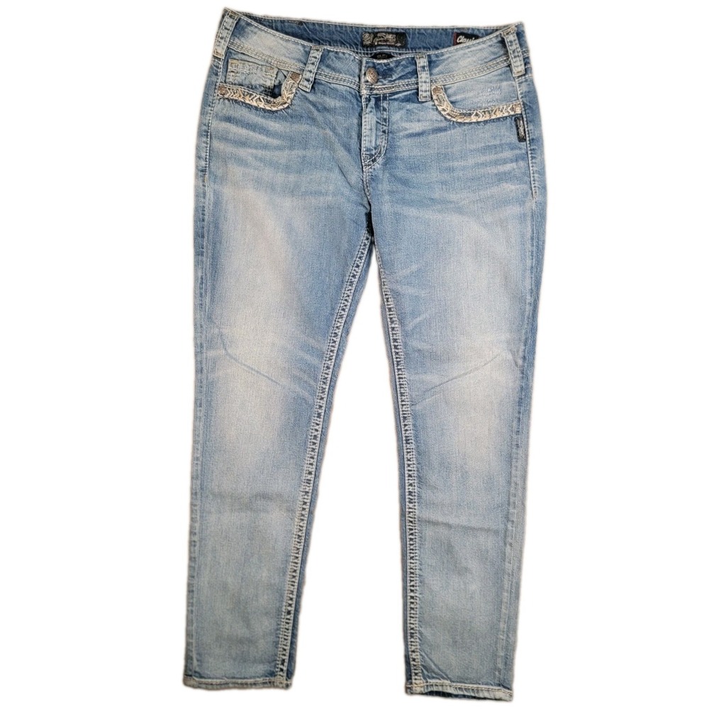 Silver Jeans Co Womens Suki Mid Skinny W33 L31 Light Wash Embroidered Denim